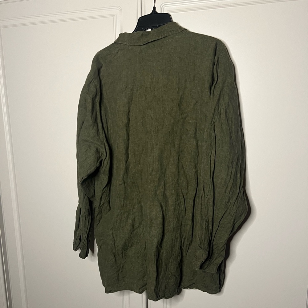 FLAX Linen Tunic Top Olive Green Large Lagenlook Button Front - Picture 9 of 10
